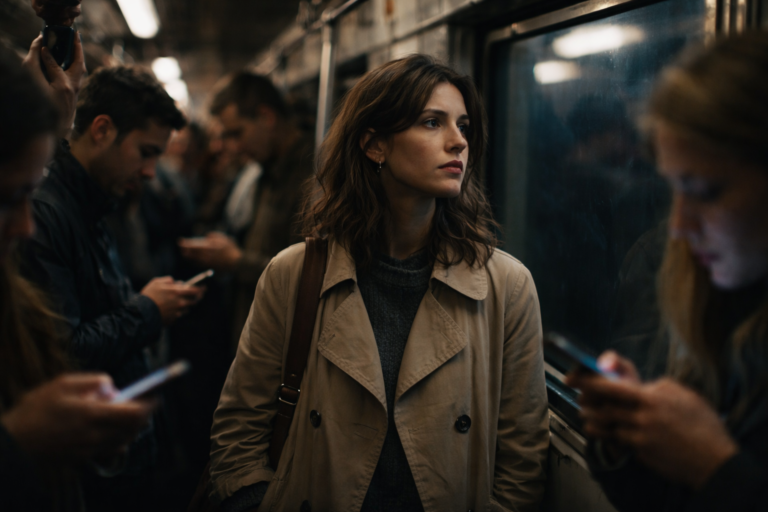 Person standing still in a train while people around busy with their lives, representing loneliness even when surrounded by others