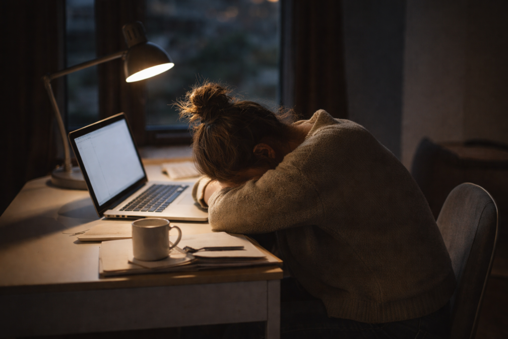 quiet evening workspace reflecting emotional exhaustion