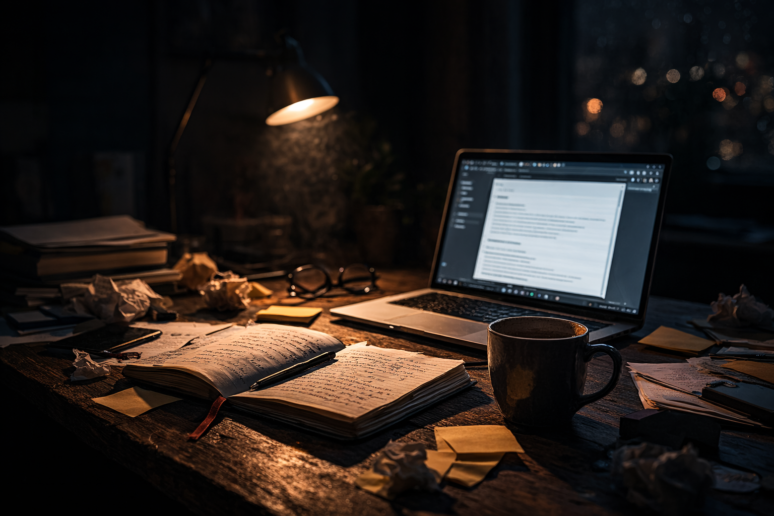 late night desk scene showing emotional exhaustion from work