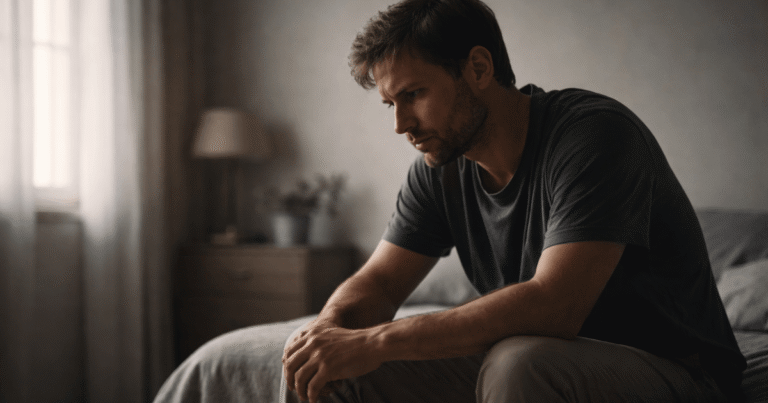 Man sitting alone in a dimly lit room looking emotionally drained after helping others, reflecting the feeling of emptiness after giving too much