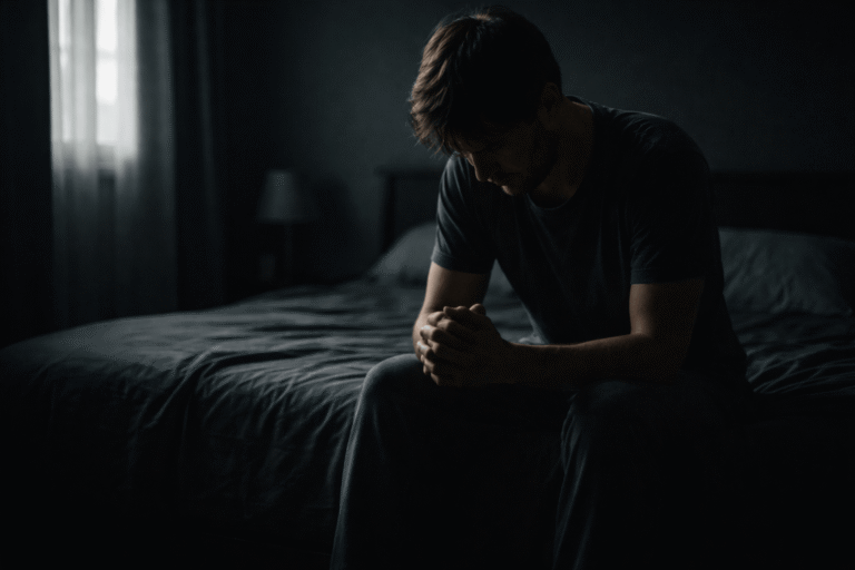 why does prayer feel empty even when i still pray – a person sitting on the edge of a bed in a dark room, hands loosely clasped in prayer, expressing emotional exhaustion and spiritual disconnect