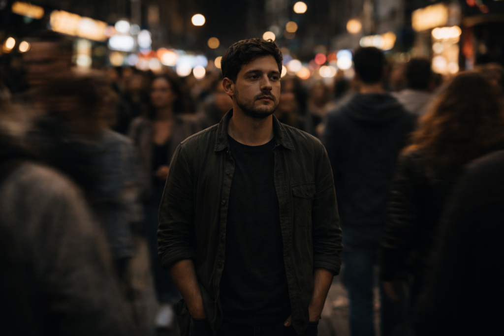 Man standing still in a busy night street while people blur past, symbolising loneliness in a crowd