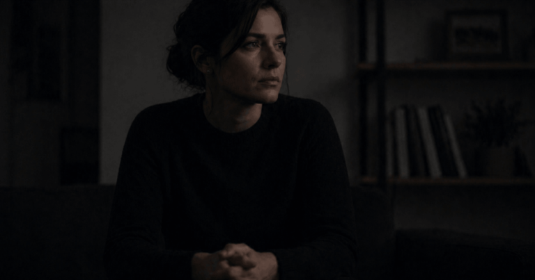 being the strong one for everyone – a person sitting alone in a dim room with a composed but tired expression, holding emotional weight in silence