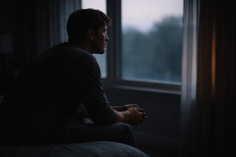 can you regain faith in god after losing it — or does faith change forever – a man sitting by a window at early dawn in a dim room, reflecting quietly with a sense of evolving belief