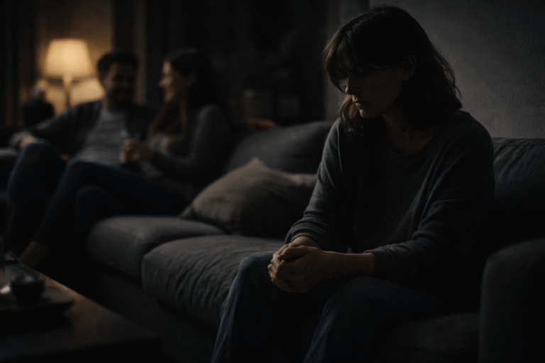 why do i always feel like i’m too much for people – a person sitting apart on a couch while others talk in the background, showing emotional distance and feeling out of place