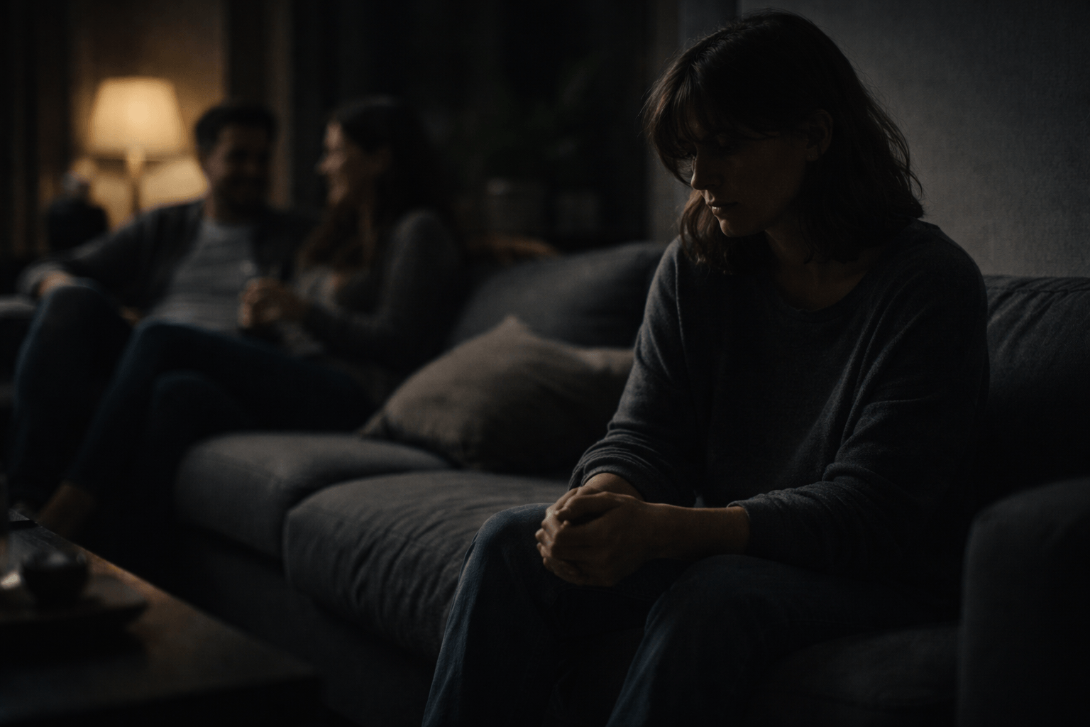 why do i always feel like i’m too much for people – a person sitting apart on a couch while others talk in the background, showing emotional distance and feeling out of place