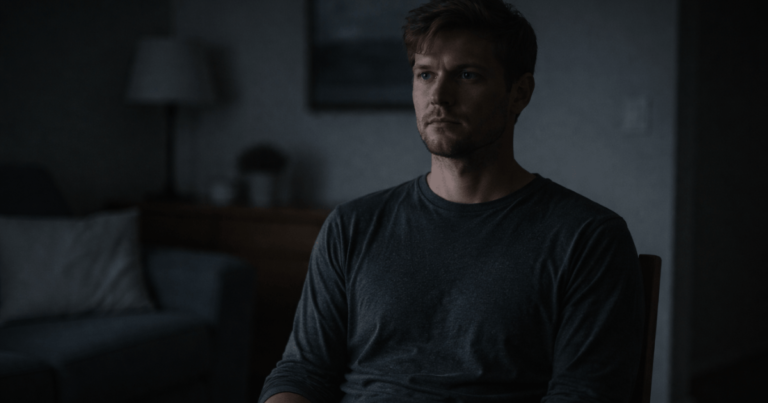 why do i feel emotionally numb even when nothing is visibly wrong – a man sitting still in a dim room with a blank expression, showing emotional emptiness and detachment