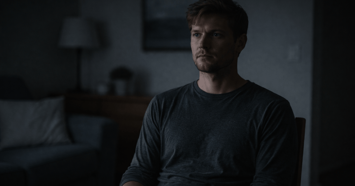 why do i feel emotionally numb even when nothing is visibly wrong – a man sitting still in a dim room with a blank expression, showing emotional emptiness and detachment