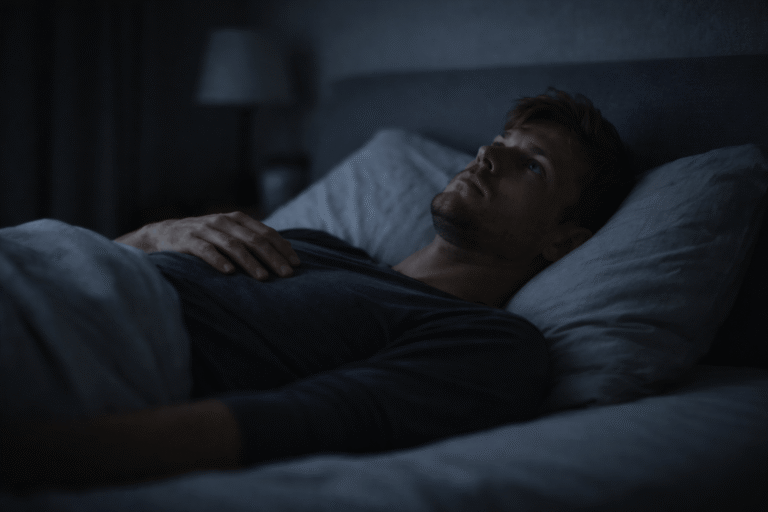 why do i feel guilty for resting – a person lying awake on a bed in a dark room, staring at the ceiling with subtle tension and inability to relax