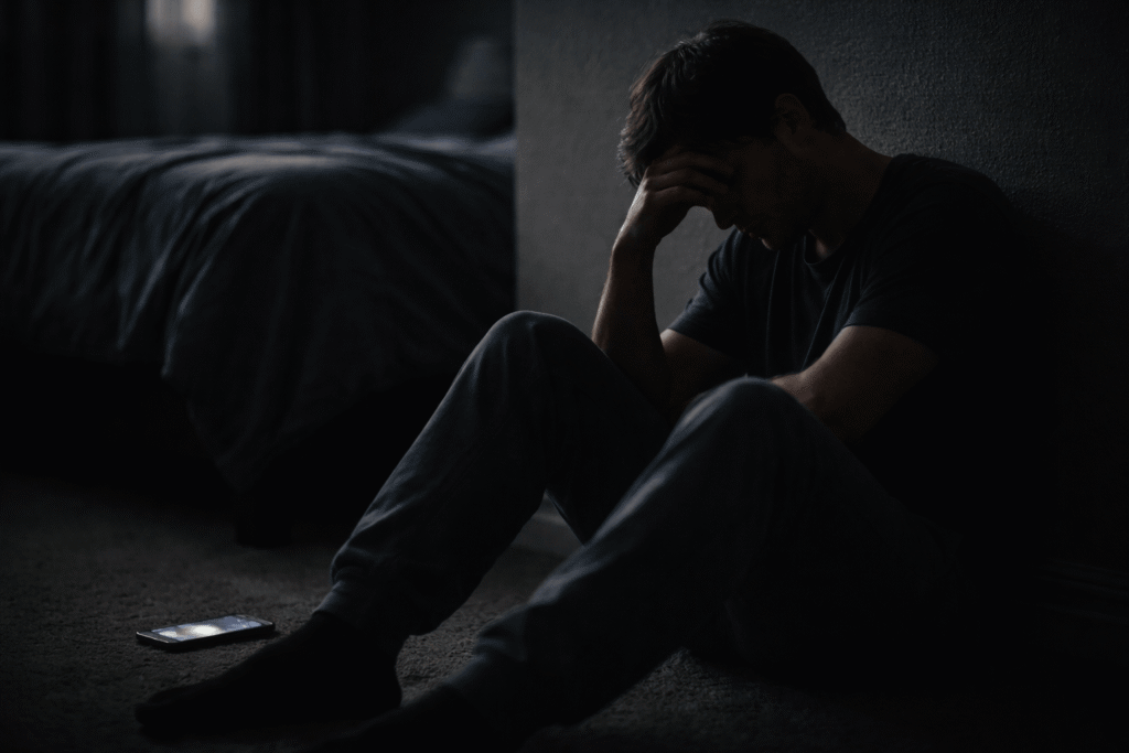 why do i feel like a burden to everyone – a person sitting on the floor in a dark room, head bowed with a phone nearby, showing emotional overwhelm and self-doubt