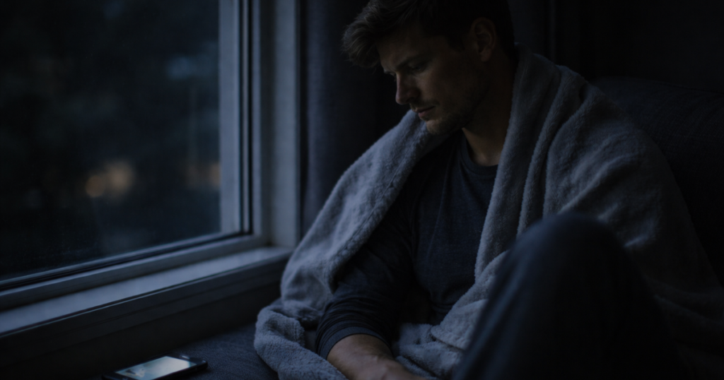why do i feel relieved when plans get cancelled – a person wrapped in a blanket near a window at night, sitting quietly with a phone and feeling calm in solitude