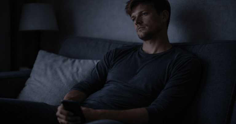 why do i feel relieved when plans get cancelled – a man sitting alone on a couch in a dark room holding a phone, showing subtle relief and emotional release