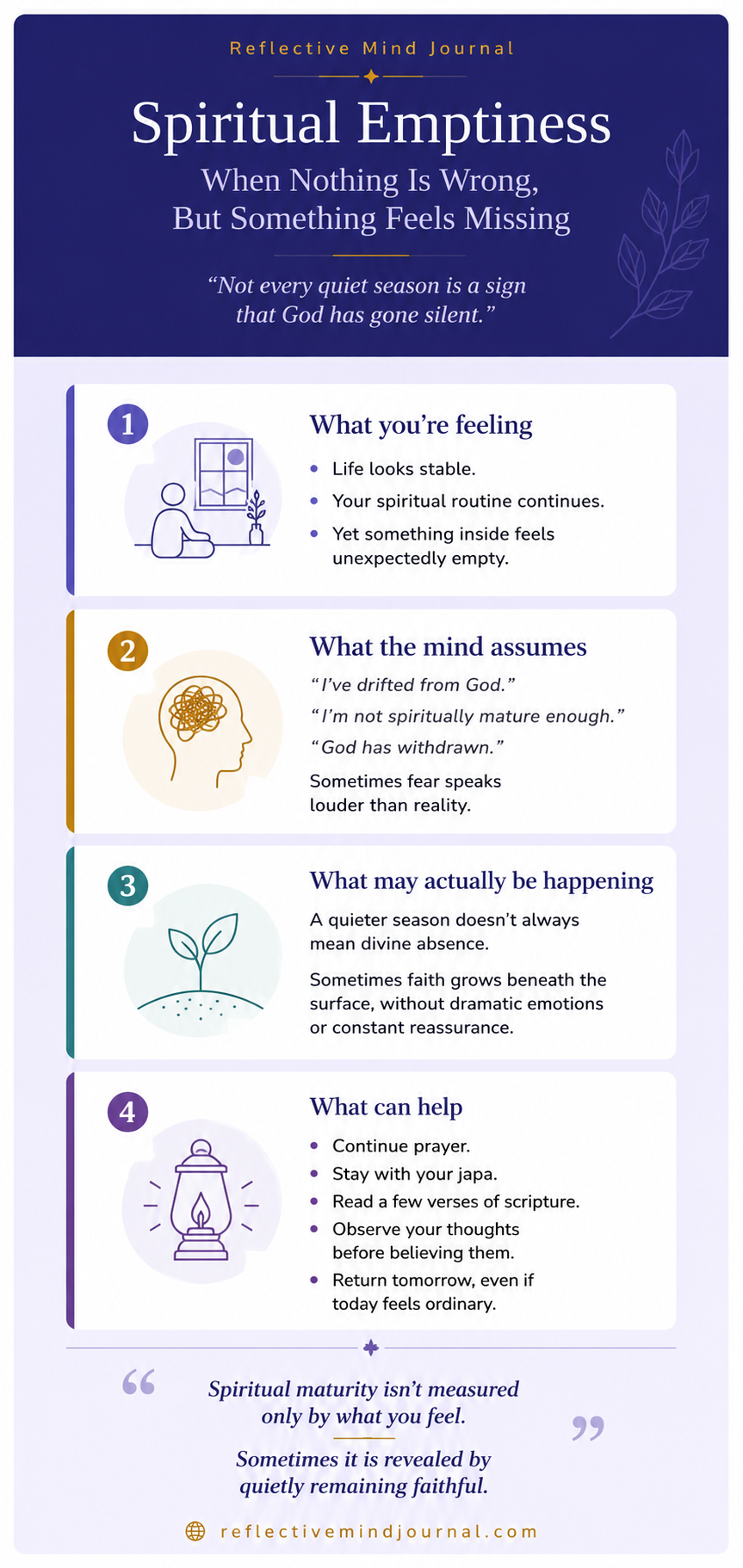 Why do I feel spiritually empty when nothing is wrong? Infographic explaining spiritual emptiness, why quiet seasons of faith do not always mean God has withdrawn, and simple practices for remaining spiritually grounded.