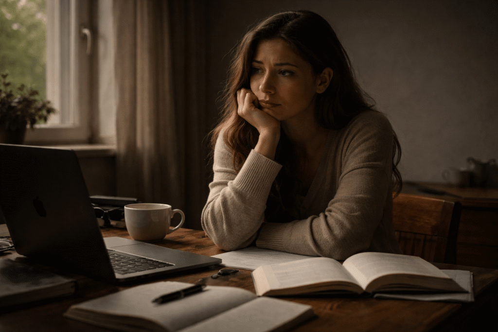 why do I self sabotage when things are going good – woman feeling conflicted despite progress in a quiet room