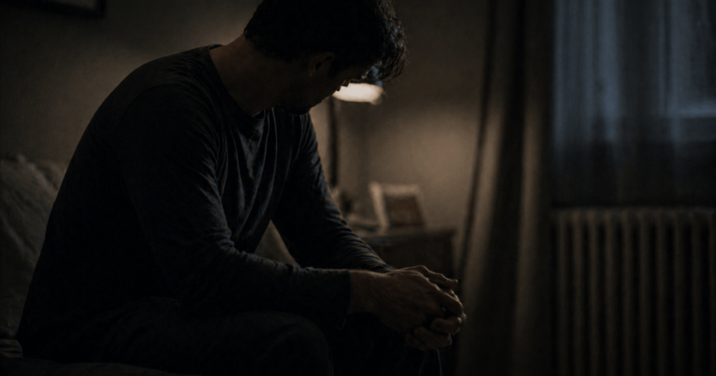 being the strong one for everyone – a person sitting alone on the edge of a bed at night, showing quiet exhaustion and emotional weight after holding everything together