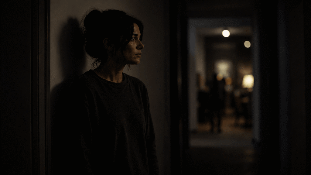 why do i feel like i don’t belong anywhere – a person standing alone in a dark hallway while distant figures and lights appear in the background, showing isolation and emotional disconnection