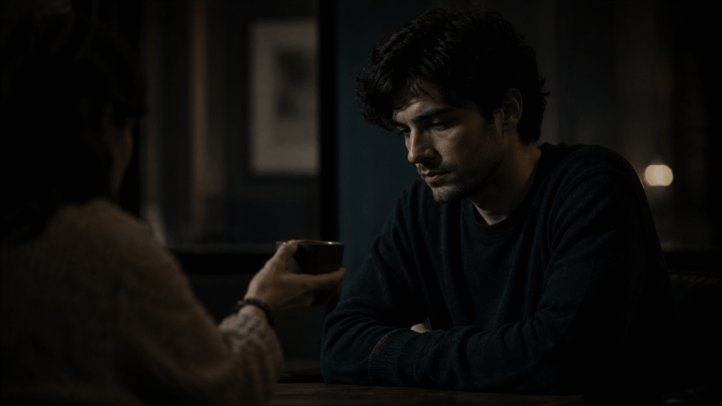 why do i feel like i don’t deserve good things – a man sitting quietly while someone offers him a cup of coffee, showing emotional hesitation and difficulty receiving kindness
