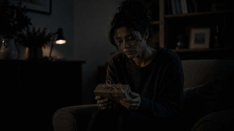 why do i feel like i don’t deserve good things – a person sitting alone in a dim room holding a small gift with uncertainty, reflecting feelings of unworthiness and emotional hesitation
