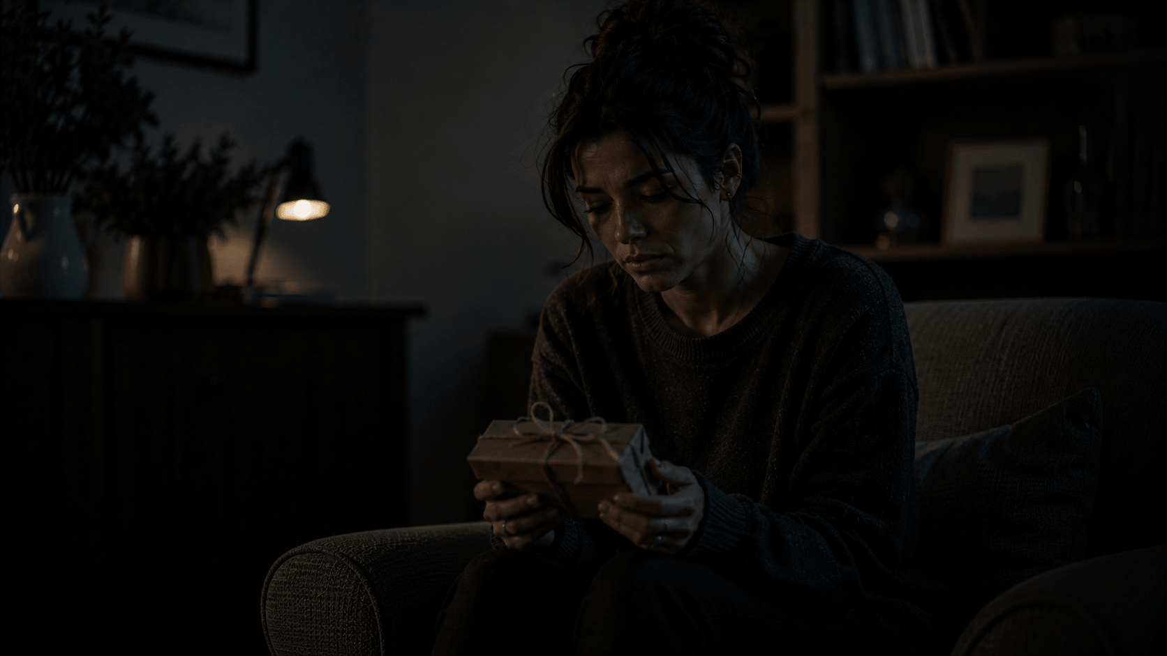why do i feel like i don’t deserve good things – a person sitting alone in a dim room holding a small gift with uncertainty, reflecting feelings of unworthiness and emotional hesitation