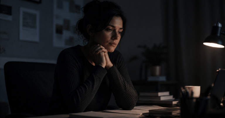 why do i feel like i have to earn love – a person sitting alone at a desk in a dim room, looking thoughtful and tense as if trying to be perfect and worthy of love