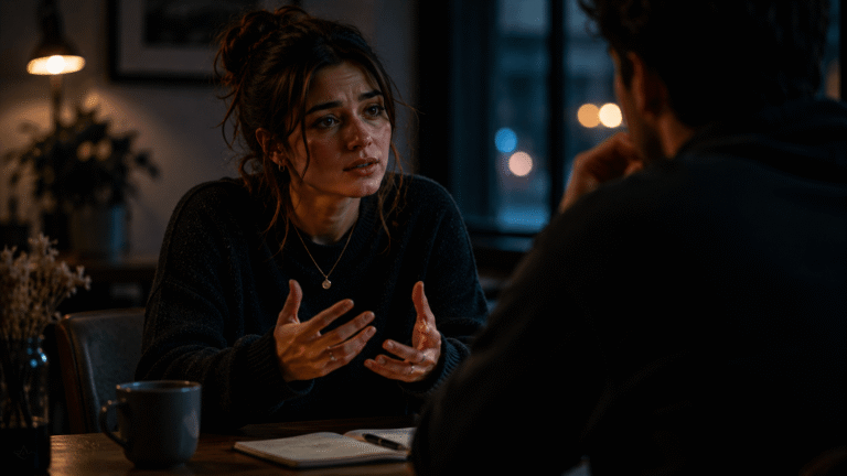 why do i feel like i have to explain myself – a person leaning forward in a dim café trying to explain themselves during a tense emotional conversation