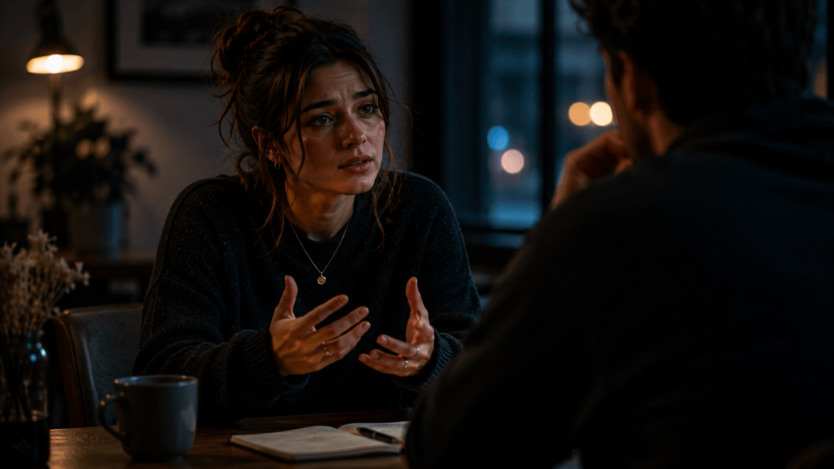 why do i feel like i have to explain myself – a person leaning forward in a dim café trying to explain themselves during a tense emotional conversation
