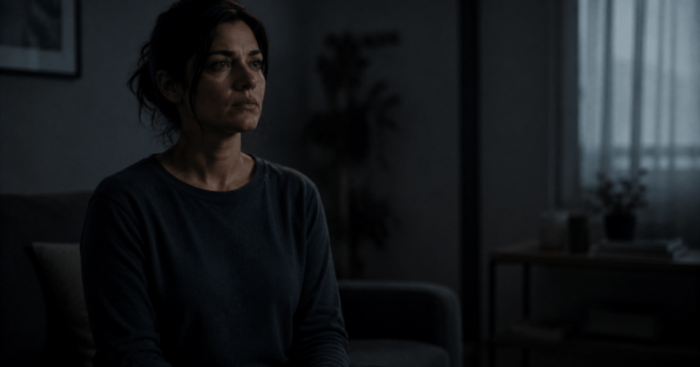 why do i feel like something is wrong – a person sitting alone in a dim room with a tense posture and distant gaze, showing quiet unease without a clear reason
