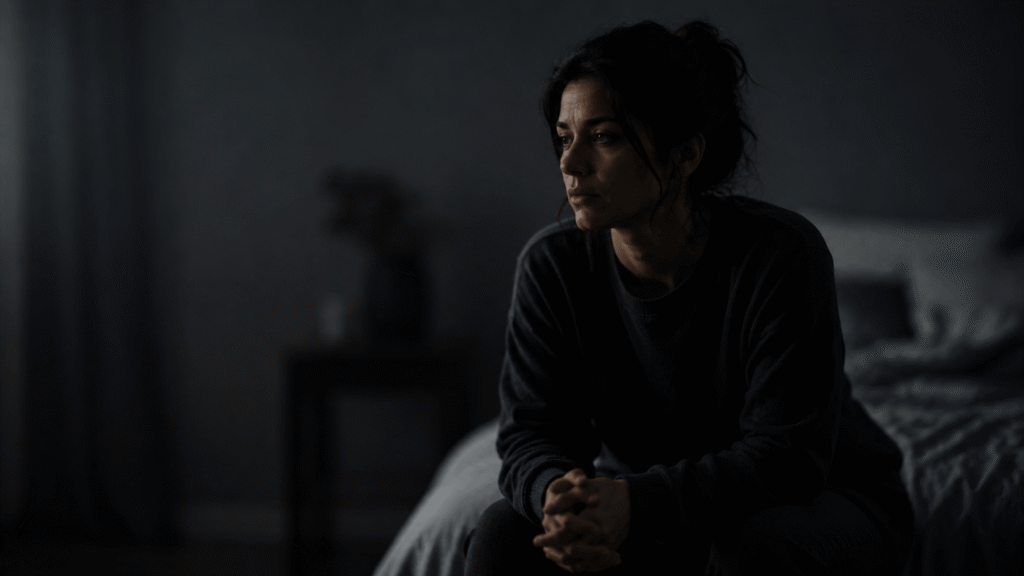 why don’t i know who i am anymore – a person sitting alone on the edge of a bed in a dark room, looking distant and unsure with a sense of identity confusion