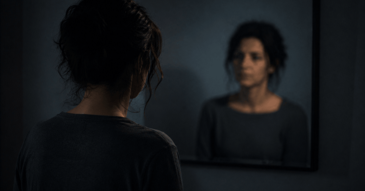 why don’t i know who i am anymore – a person standing in front of a mirror in a dark room, looking at a blurred reflection with a sense of identity confusion
