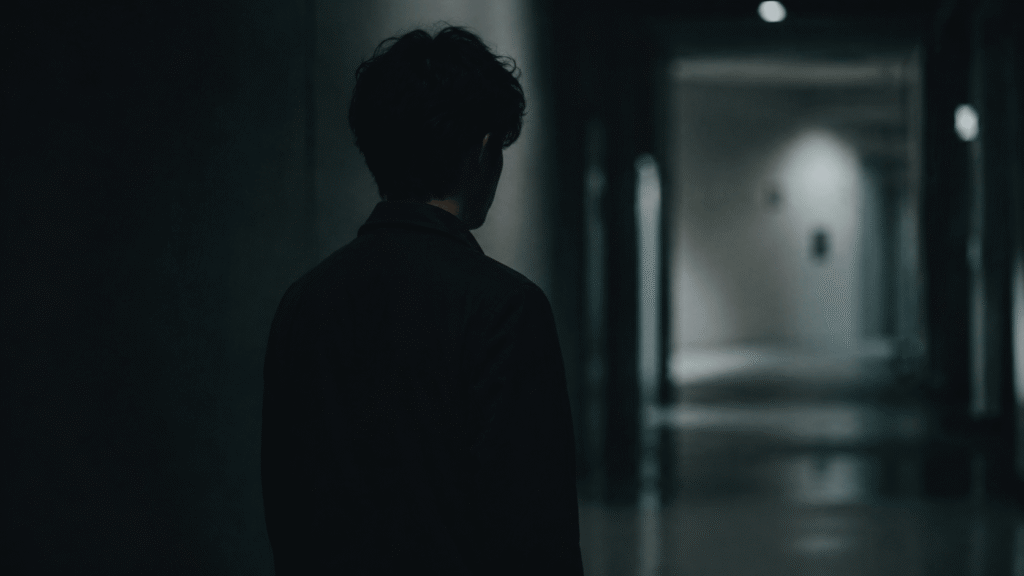 Why do I feel like I'm waiting for my real life to begin, shown through a person standing still in a dimly lit hallway between darkness and light