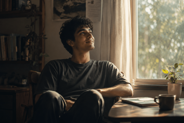 feel content for no reason – a person sitting peacefully by a window in a quiet room, experiencing a sense of calm and contentment without any obvious cause