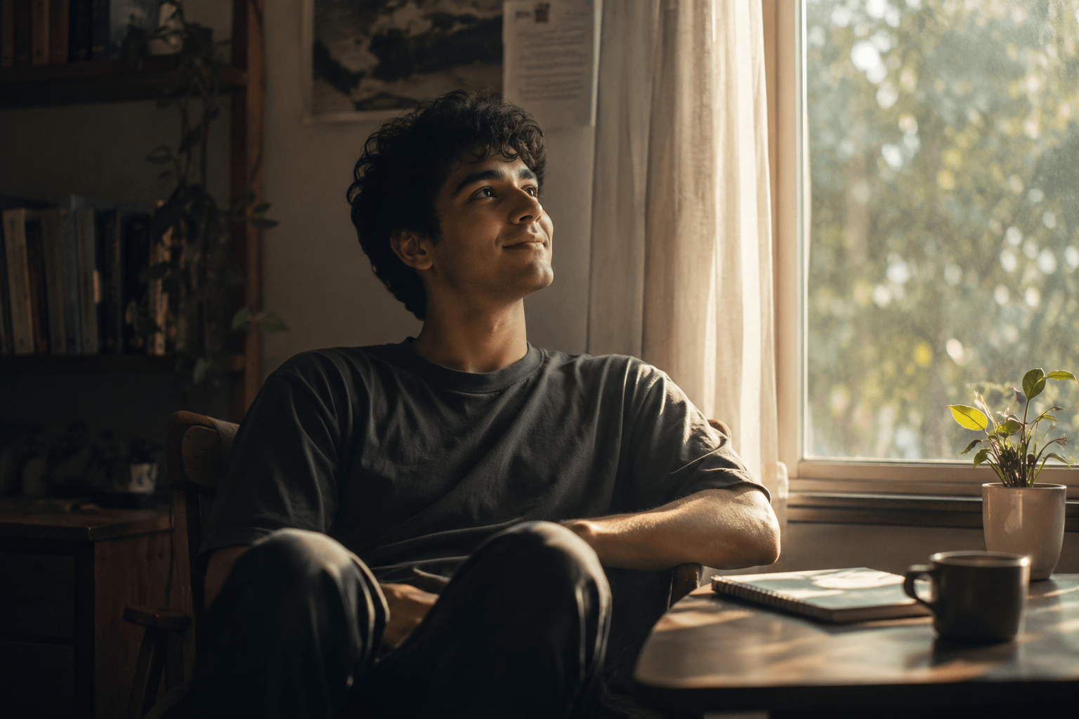 feel content for no reason – a person sitting peacefully by a window in a quiet room, experiencing a sense of calm and contentment without any obvious cause