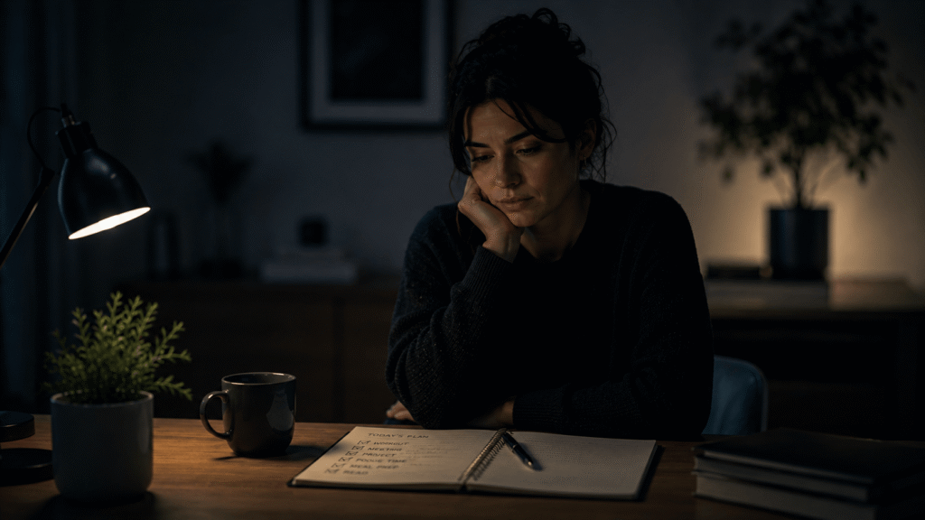 i’m doing everything right why do i still feel unhappy – a person sitting alone at a desk looking at a completed planner, reflecting on life despite accomplishing everything they set out to do
