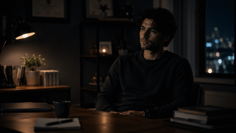 i’m doing everything right why do i still feel unhappy – a man sitting alone in an organised room at night, reflecting quietly despite having a stable and successful life
