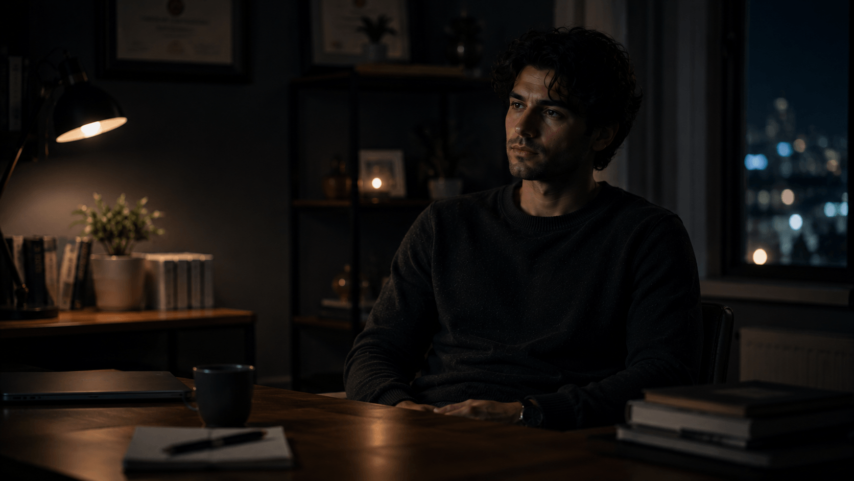i’m doing everything right why do i still feel unhappy – a man sitting alone in an organised room at night, reflecting quietly despite having a stable and successful life