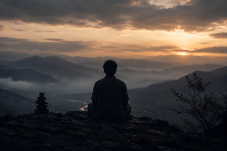 spiritual loneliness – a lone figure meditating above a misty mountain valley at sunrise, symbolising the isolation and growth that often accompany spiritual awakening