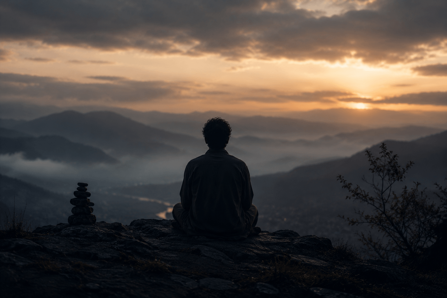 spiritual loneliness – a lone figure meditating above a misty mountain valley at sunrise, symbolising the isolation and growth that often accompany spiritual awakening