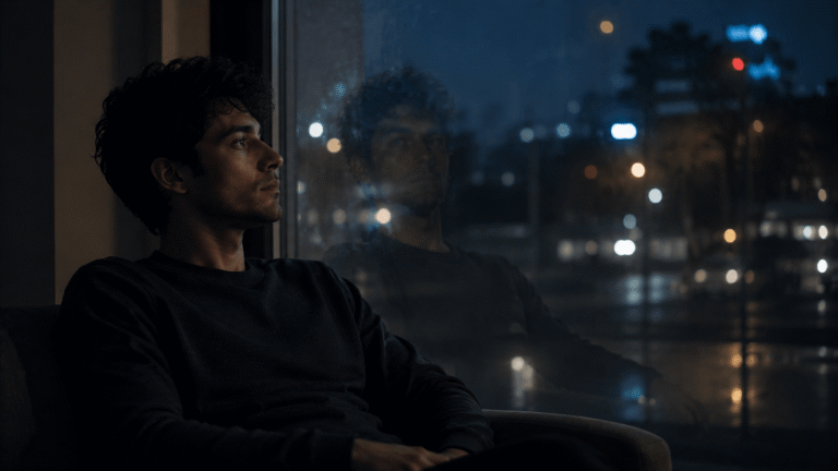 feel disconnected from reality – a person sitting quietly by a window at night, watching blurred lights outside while feeling emotionally detached and separated from the world around them