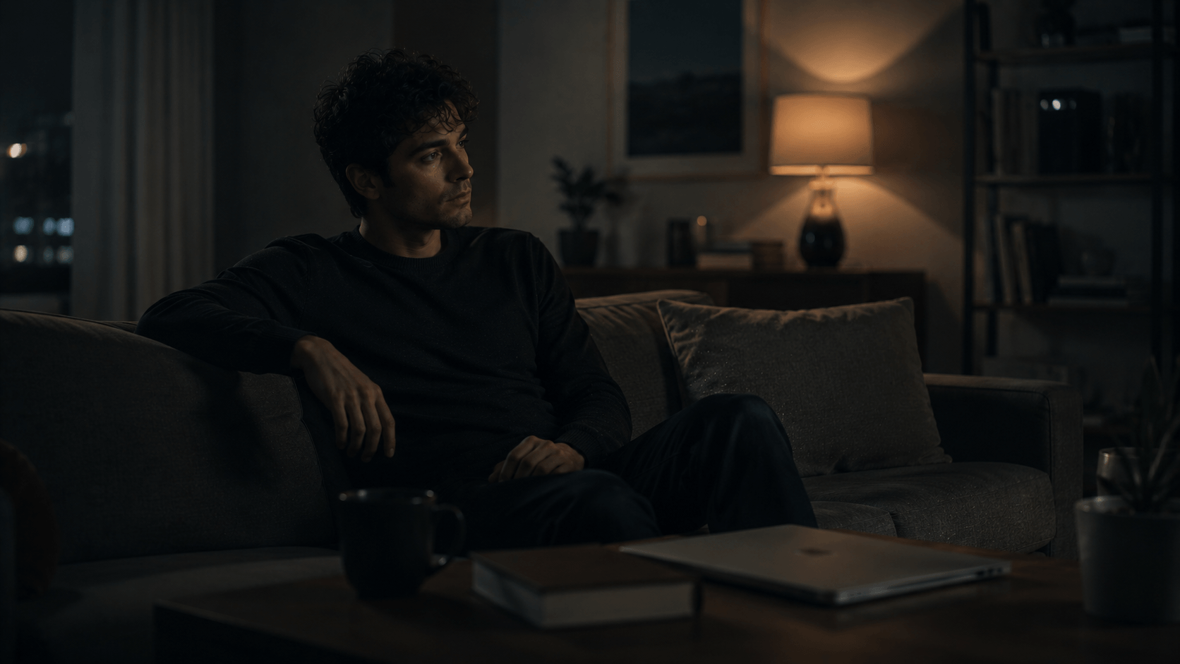 why do i feel empty inside even when life looks fine – a person sitting alone in a comfortable living room at night, surrounded by stability and success yet feeling emotionally disconnected and unfulfilled