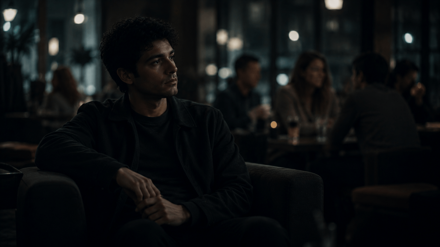 feel like i don't fit into the world – a person sitting alone in a dim café while groups of people interact in the background, reflecting emotional disconnection and feeling out of place