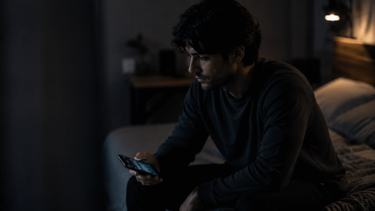 why do i feel like i’m never good enough no matter what i do – a man sitting alone at night looking at his phone with a worried expression, reflecting self-doubt and feelings of inadequacy