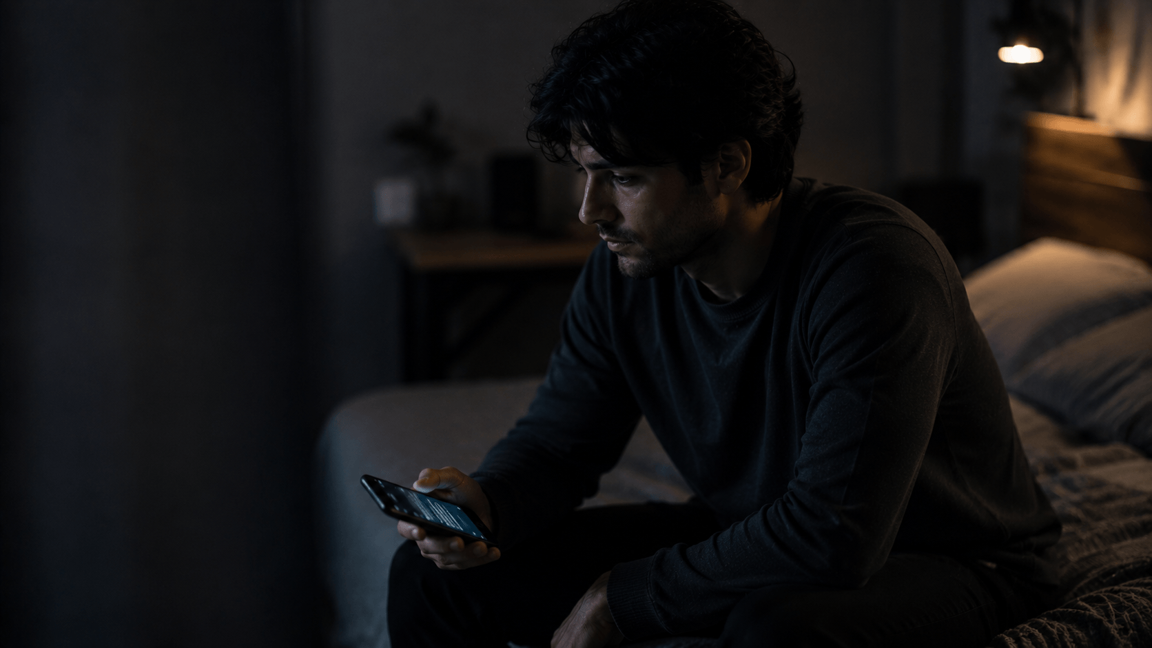 why do i feel like i’m never good enough no matter what i do – a man sitting alone at night looking at his phone with a worried expression, reflecting self-doubt and feelings of inadequacy