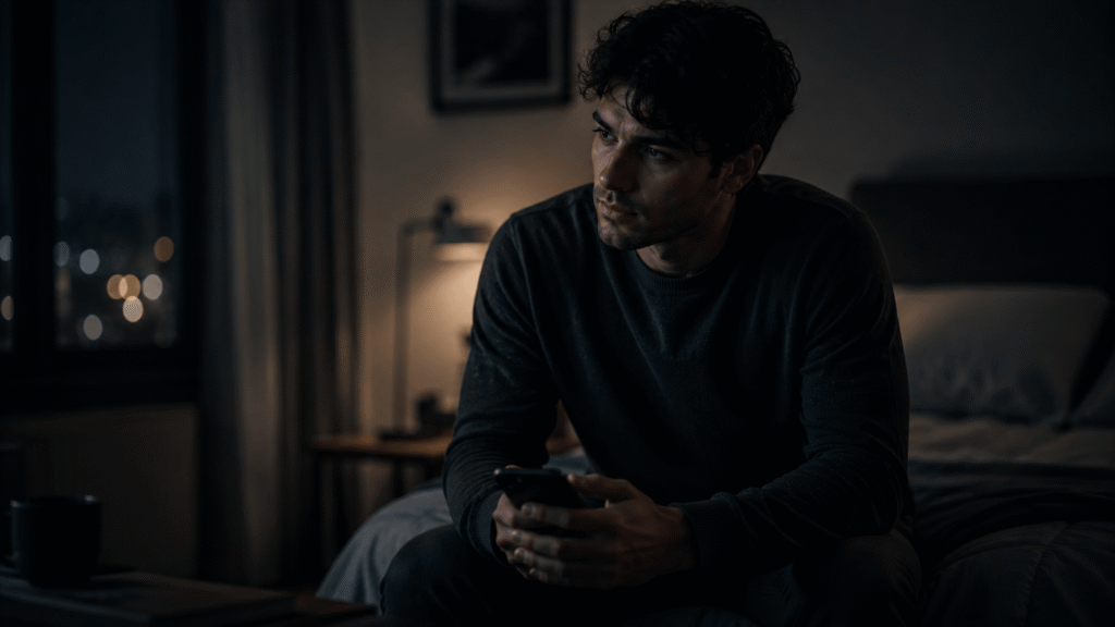 why do i take everything personally – a man sitting alone at night holding a phone and replaying a conversation in his mind, wondering if he did something wrong