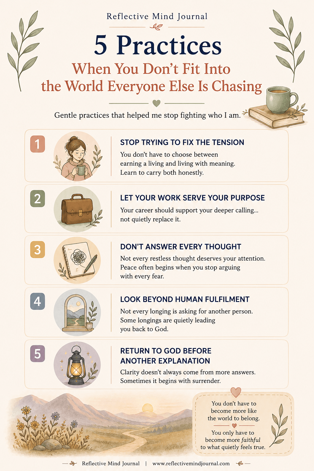 Infographic showing 5 practices for people asking why do I feel like I don't fit into the world everyone else is chasing.