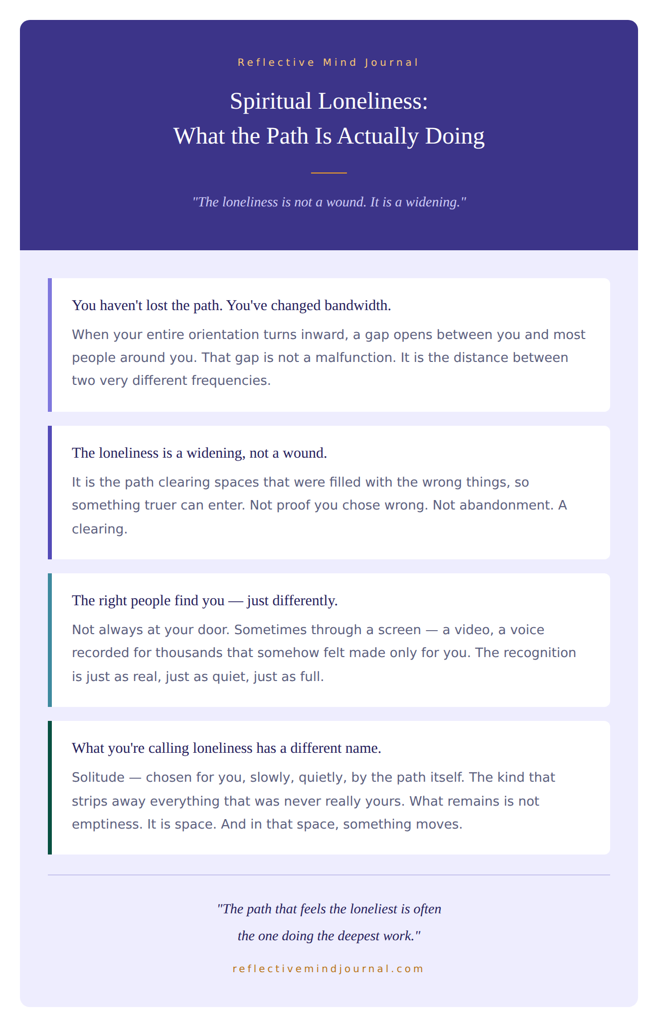 spiritual loneliness infographic — four core insights on why the path feels lonely, what it is actually doing, and how solitude on the spiritual path becomes the space where something truer enters