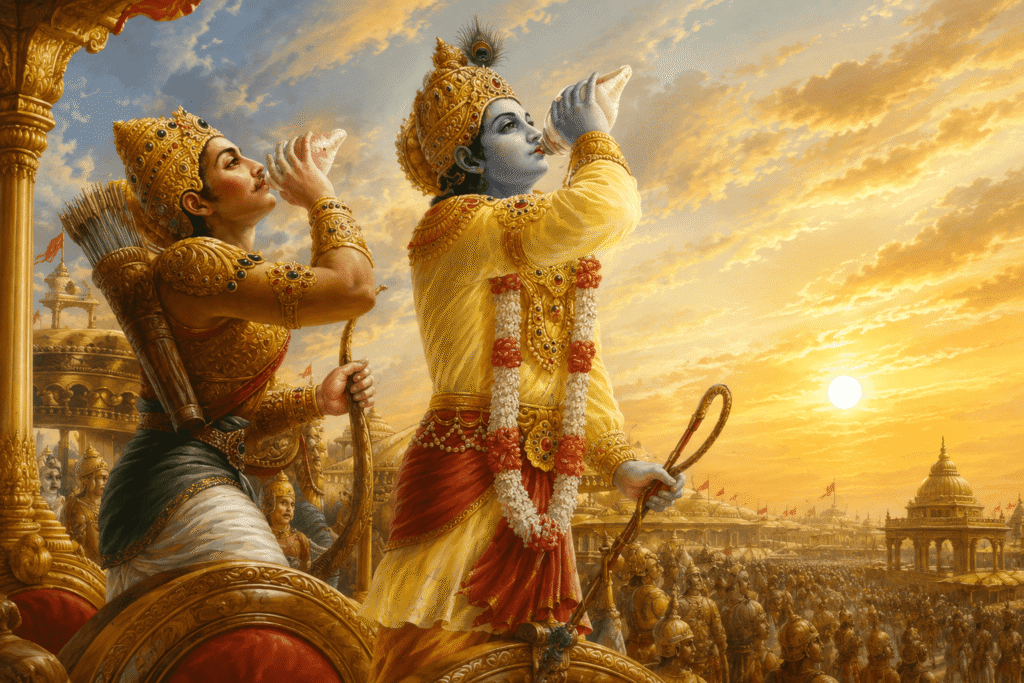 Bhagavad Gita 2.7 illustration of Lord Krishna guiding Arjuna on the battlefield of Kurukshetra before delivering the teachings of the Bhagavad Gita.