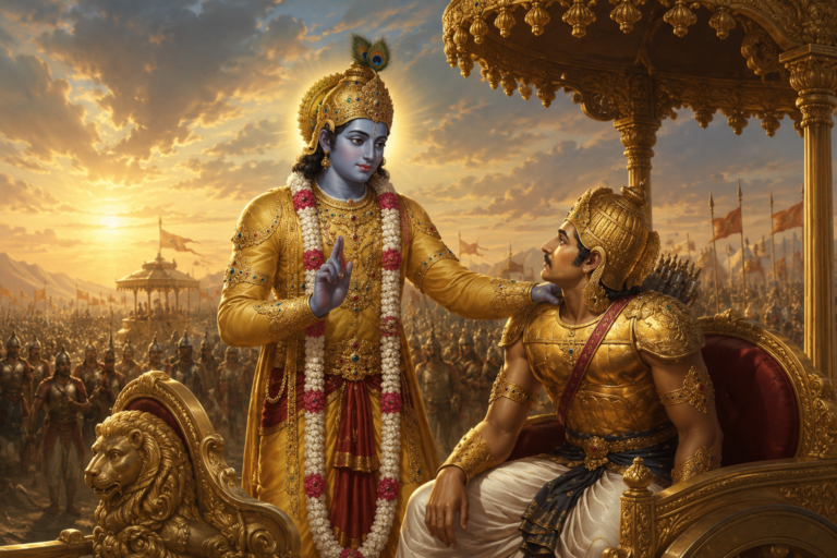 Bhagavad Gita 2.7 illustration of Lord Krishna guiding Arjuna on the battlefield of Kurukshetra before the start of the Mahabharata war.