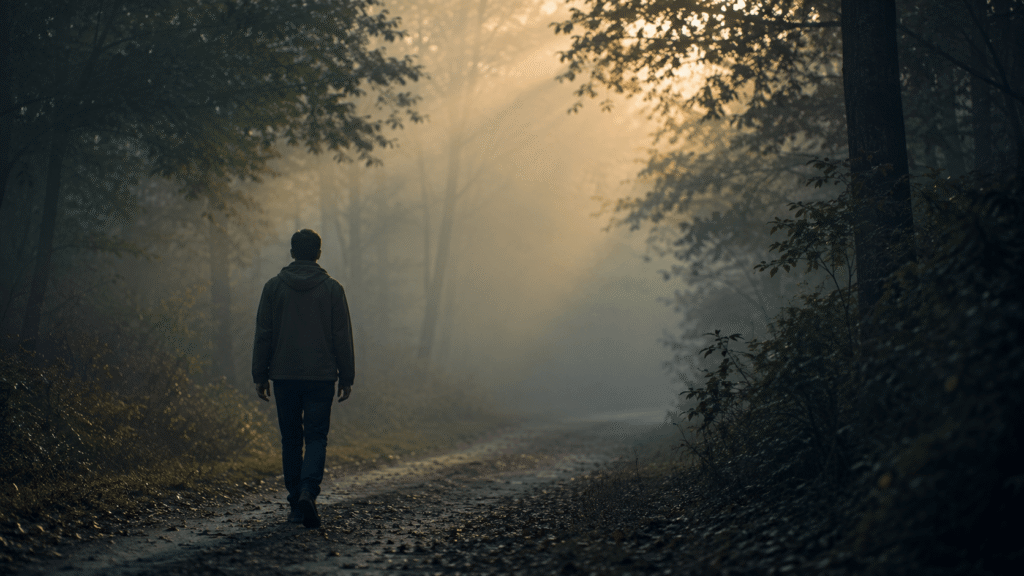 can i manifest with god – a person walking alone along a misty forest path at dawn, symbolising trust in God and surrendering the future one step at a time