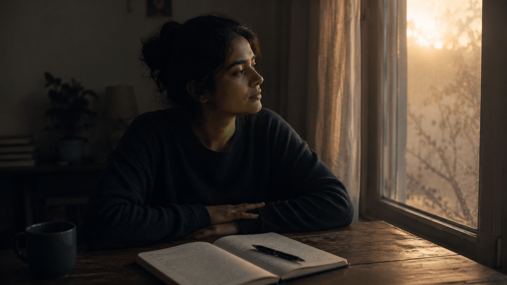 can i manifest with god – a person sitting peacefully beside an open journal at sunrise, offering intentions to God through quiet prayer and trust