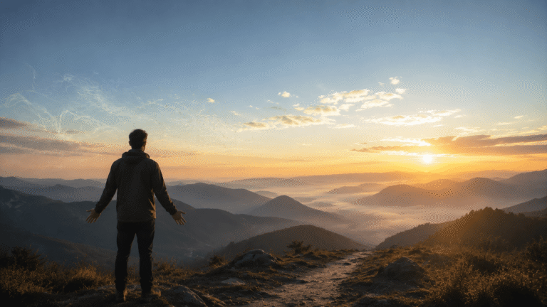 How to stop overthinking and trust God — a man stands with arms open on a misty mountain path at sunrise, releasing tangled thoughts into golden light